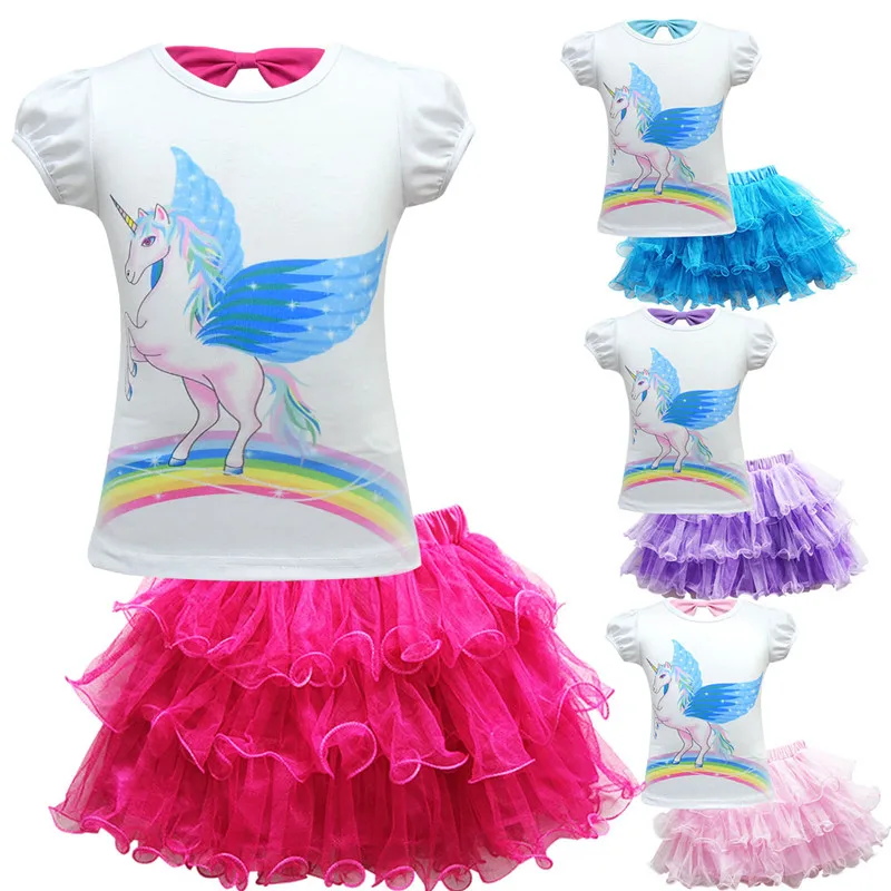 

Princess Party Wedding Tutu Summer Dress Teen Kids Pretty Little Girl Unicorn Dress Summer Short Sleeve Mesh Tulle clothes sets