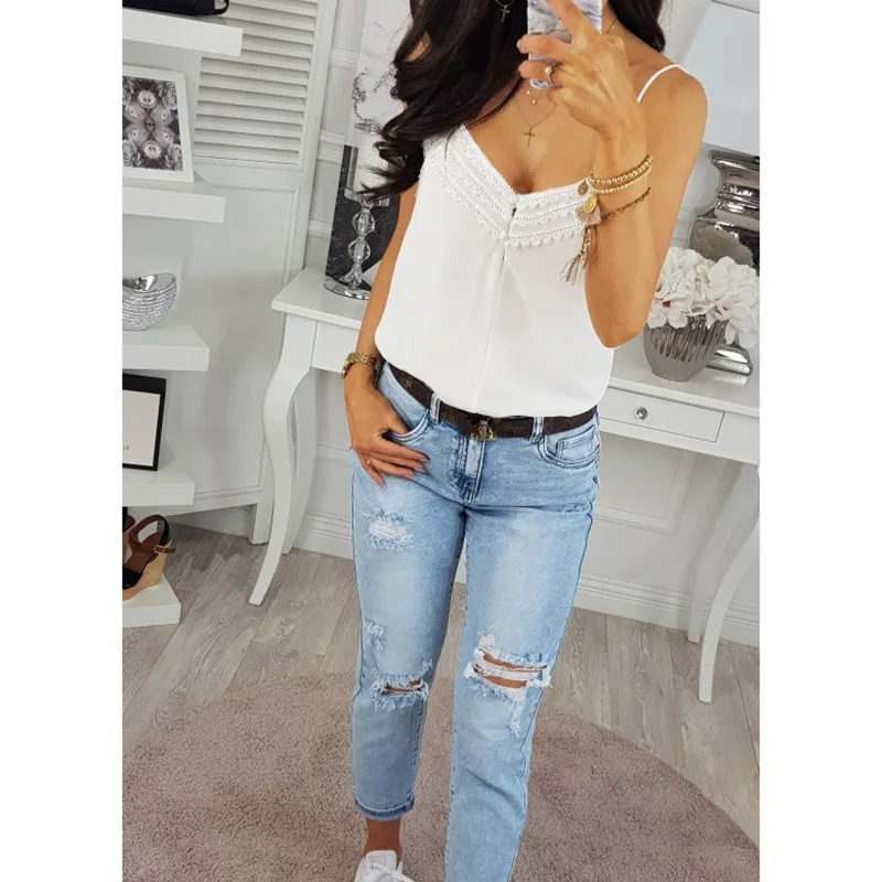 

Sexy V Neck Women Summer Clothing White Backless Lace Spaghetti Strap Top Tees Ladies Casual Harajuku Camisoles SJ3008M
