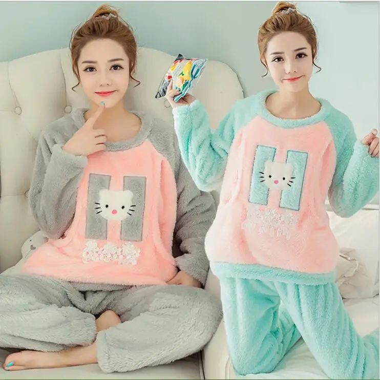 

Winter Thick Flannel Tracksuit Woman Long-Sleeved Coral Velvet Suit Pajamas Lovely Lady Pregnant Letter Sleepwear