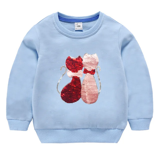 Double Sided Sequin Flash Glitter T-Shirts For Girls Sequins T Shirt Girls Cartoon Cat Kids Tshirt Summer Teen Clothes For Girls sky blue