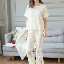 Женская летняя дышащая рубашка принцессы из натурального шелка и брюки, комплект женской мягкой пижамы с короткими рукавами TG1768