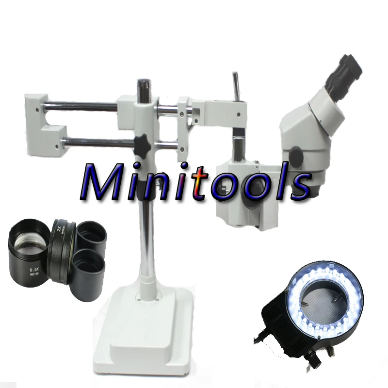 

3.5X-90X Double Boom Stand Stereo Binocular Microscope+56pcs Led Microscope with SMZ 0.5X 2.0X Objective lens