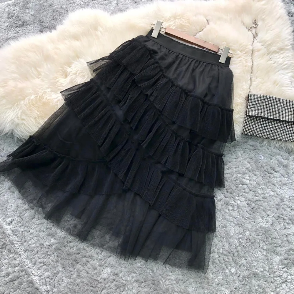 2019 г. новые женские модные пикантные однотонная, с приметанными оборками сетчатая юбка в складку 0413