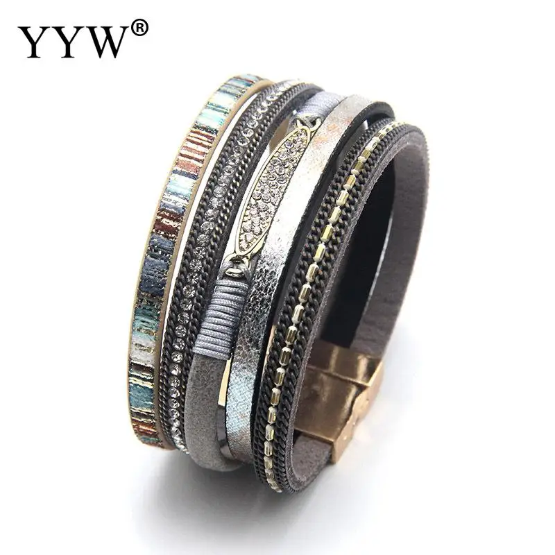 

Fashion Women Leather Bracelet Rhinestone Bar Charm Bohemian Leather Female Bracelets in 7 Colors