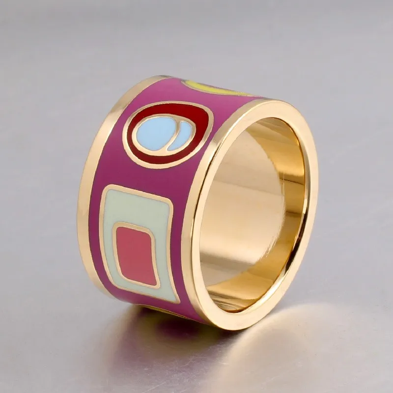 Этнические ювелирные изделия большие кольца для женщин геометрические узоры золотые кольца из нержавеющей стали 13 мм ширина трендовые вечерние ювелирные изделия из эмали