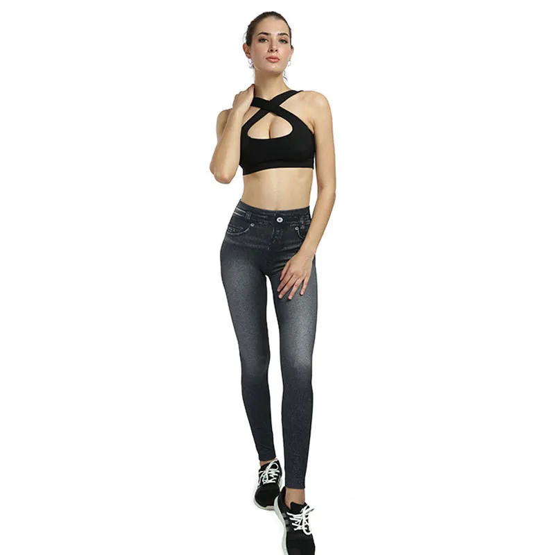 Leggings Fake Jeans With Two Real Pockets Plus Size Sexy Push Up  Women Denim Pencil Pants Slim Fitness Stretch Pants           