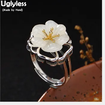 

Uglyless Real 925 Sterling Silver Natural White Jade Plum Blossom Finger Rings for Women Handmade Hollow Open Ring Fine Jewelry