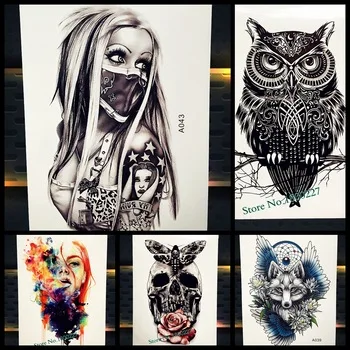 Mysterious Girl With Mask Temporay Tattoo Stickers Women Henna Arabic Body Art Tattoo Arm Sleeve Men Waterproof Fake Flash Tatoo