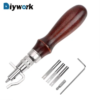 

DIYWORK 5 in 1 DIY Leathercraft Tool Adjustable Pro Stitching Groover Crease Leather Sewing Tool Wood+Steel Edge Skiving