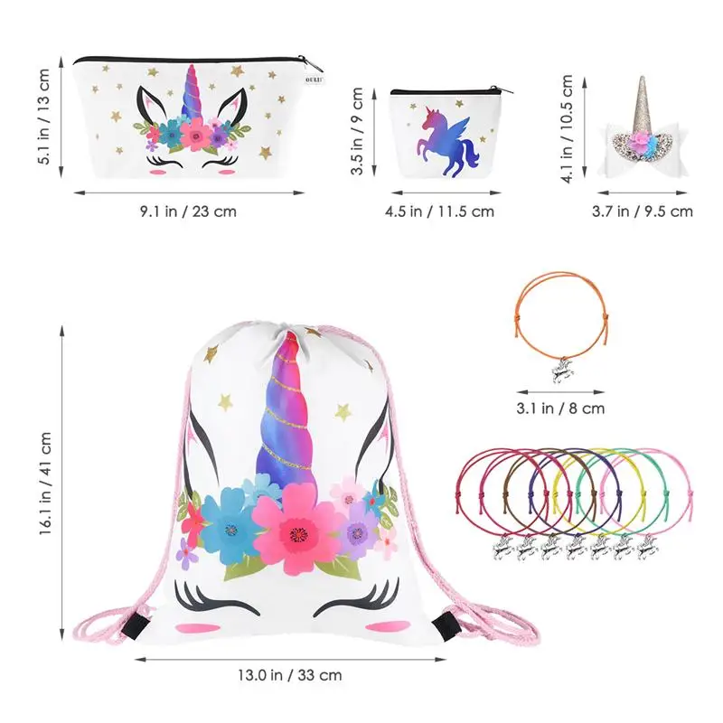 Единорог шнурок рюкзак с косметичка монета кошелек зажим для волос и 8 шт браслеты набор кистей с ручкой в форме единорога для детской вечеринки(белый