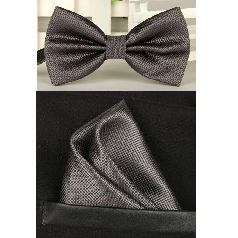Dark gray SHENNAIWEI Шелковый однотонный деловой галстук-бабочка для мужчин, винтажный фиолетовый, черный, желтый, серебристый Свадебный галстук-бабочка, карманный квадратный платок, набор, lote - Цвет: Dark gray