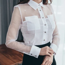 Mulheres Transparente Chiffon Blusa Manga Comprida Botão Bolso 2018 Outono Senhoras Coreano Moda Femme Bodycon Blusa Ocasional Do Escritório