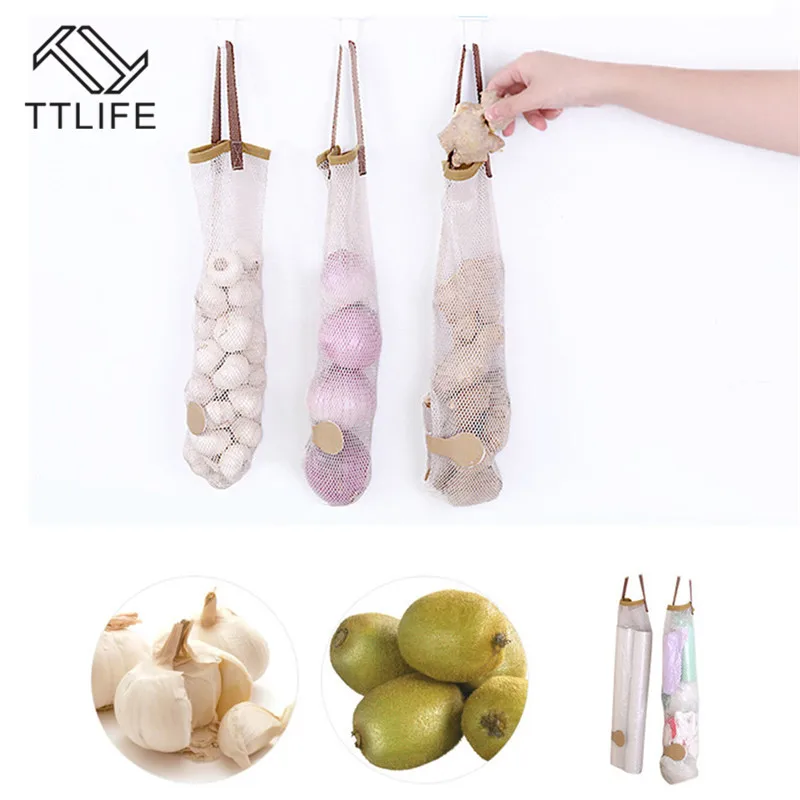 

TTLIFE Hollow Out Breathable Mesh Kitchen Storage Hanging Bag Fruit Vegetable Onion Potato Storage Bag Velcro Organizer Pouch