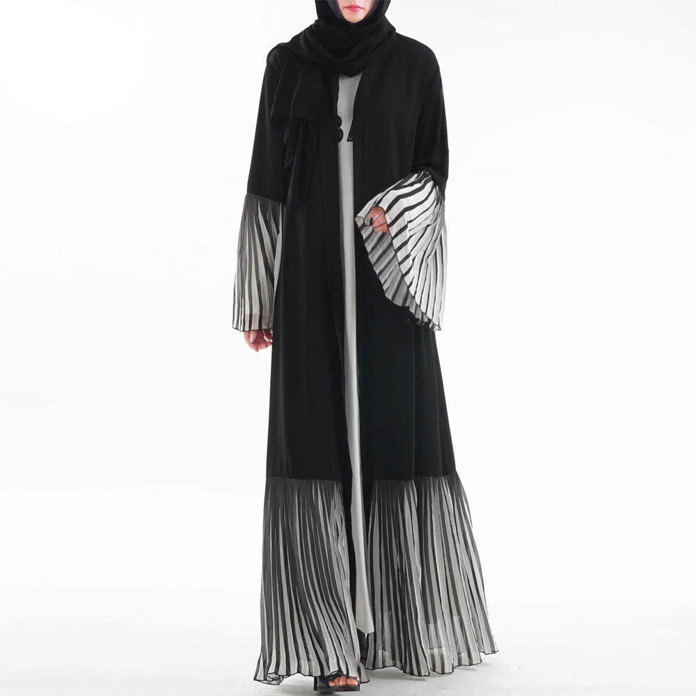 Мусульманское женское платье в полоску Ближнем Востоке Исламская бальное платье Дубай халат с расклешенными рукавами Абая, головной
