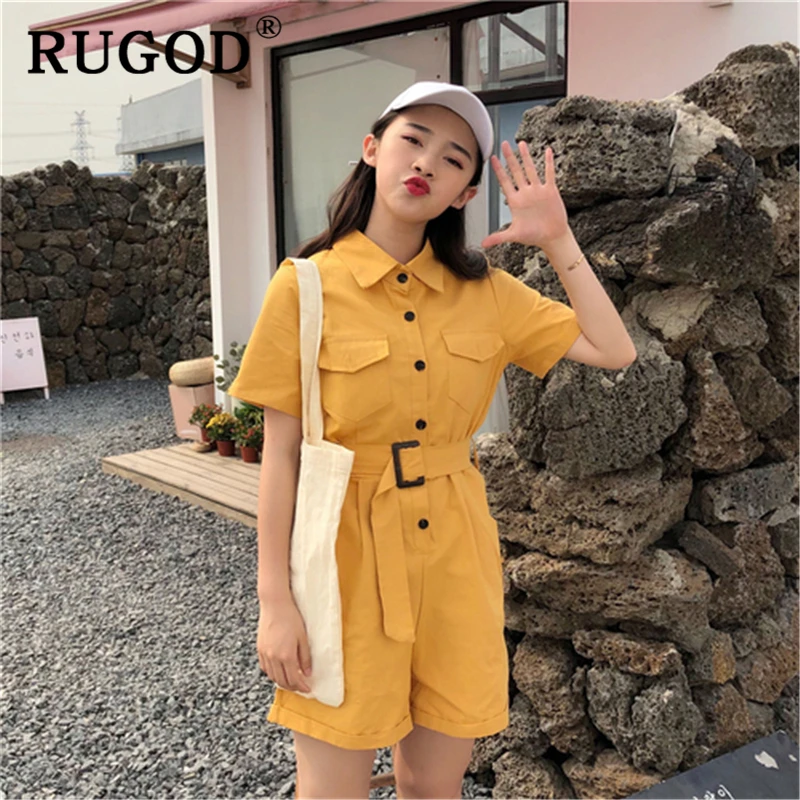 

RUGOD Korean solid cotton women playsuit 2019 summer button pockets lace up jumpsuit for office ladies Fashion white Playsuit