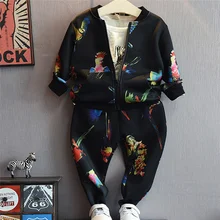 Мода для Детей Девочки Мальчики Птицы Pattern Молнии Пальто С Длинным Рукавом Куртки Длинные Брюки Устанавливает Дети Повседневная Одежда Устанавливает 2 шт. 2-7 Т