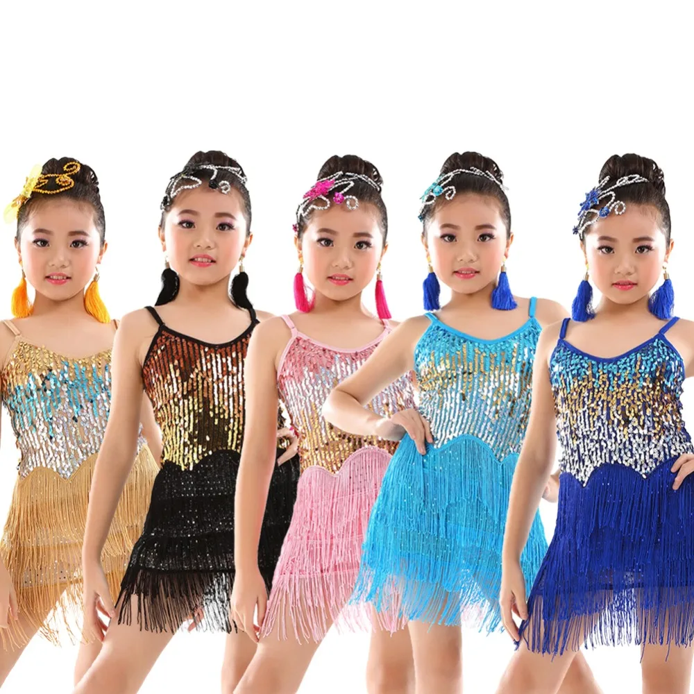 Для девочек 5 цветов сверкающие латина Румба Латинской сальсы платья с пайетками для девочек конкурс бальный костюм