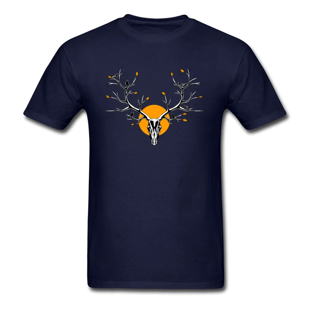 Deer Skull 100% Cotton Fabric Casual Tops & Tees Retro Short Sleeve Mens T Shirt Street VALENTINE DAY Clothing Shirt Round Neck Deer Skull navy