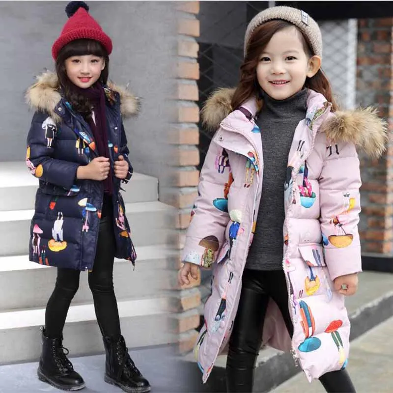 

Girls Duck Down Jackets Children Warm Fur Hooded Jackets Children Casual Outerwear 2017 Raccoon Fur Collar Thick Warm Overcoat