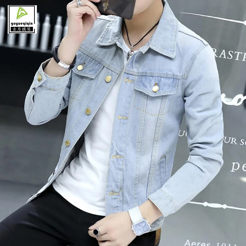 Fashion Korean Casual Denim Jacket Men Slim Single Breasted Spring