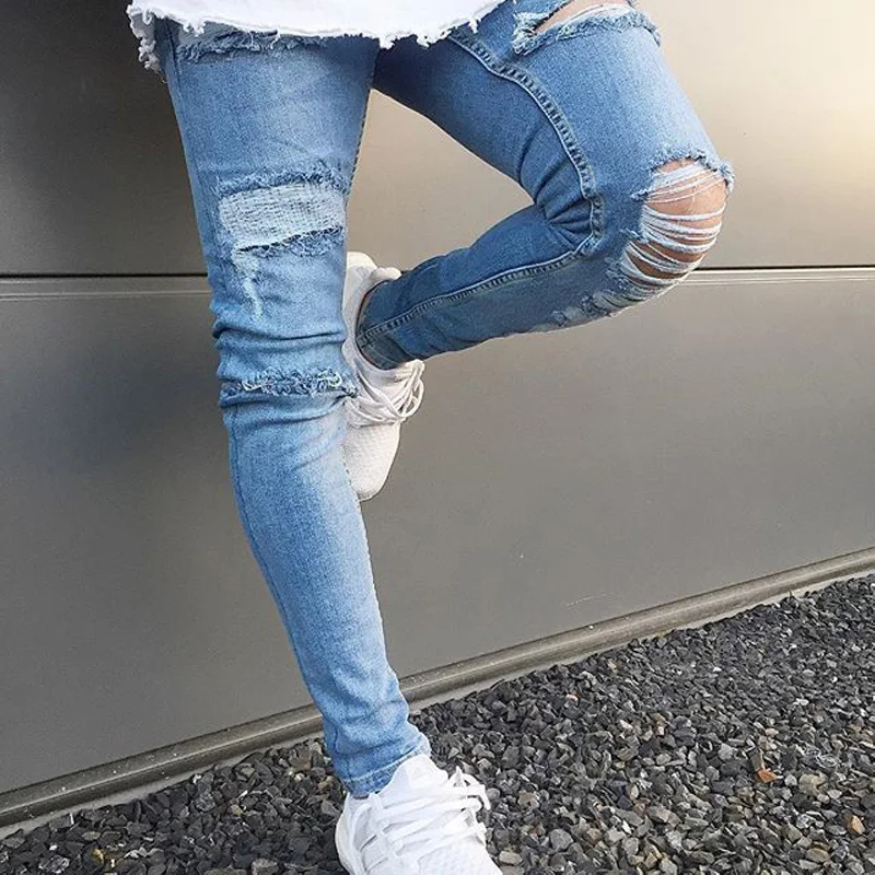 2019 уличные потертые джинсы мужские с дырками на коленях дизайн хлопковые джинсы Homme повседневные Хип-хоп рваные джинсы мужские узкие