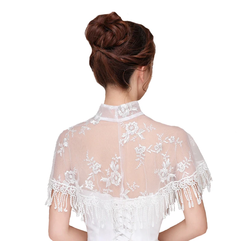 High Collar Lace Bridal Wraps Shawl With Tassel Trim Elegant Women Evening Stole Party Cape Bolero Bride Wedding Jackets Wrap