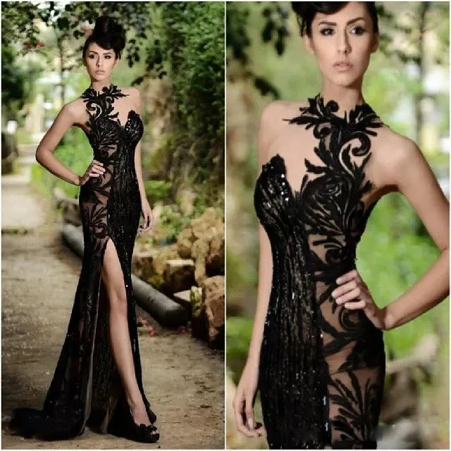 2017 Elegant Beading Split Evening Dresses Appliqued High Neck Mermaid Sequins Long Prom Dress Real Images Cheap Formal Gowns | Свадьбы и