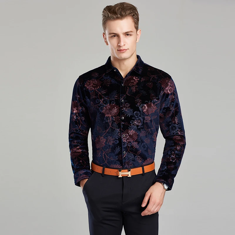Мужская Вельветовая рубашка с длинным рукавом весна осень 2017|floral dress shirt|designer