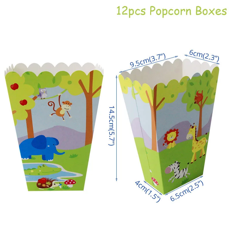 Джунгли день рождения одноразовая посуда Джунгли животных одноразовые тарелки чашки детские салфетки принадлежности сафари Декор - Цвет: 12pcs Popcorn Boxes