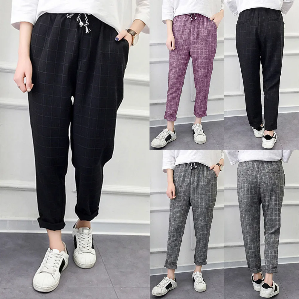 

Women Casual Party Polyester Plaid Elastic Waist Lace Up Loose Plus Size Full Length Elastic Waist( Pants 2018 Drop Shipping