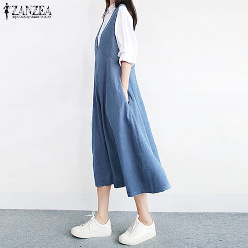 Women's Jeans Sundress 2019 ZANZEA Female Denim Blue Summer Overalls Dress Female V Neck Sleeveless Midi Vestidos Robe Femme 5XL