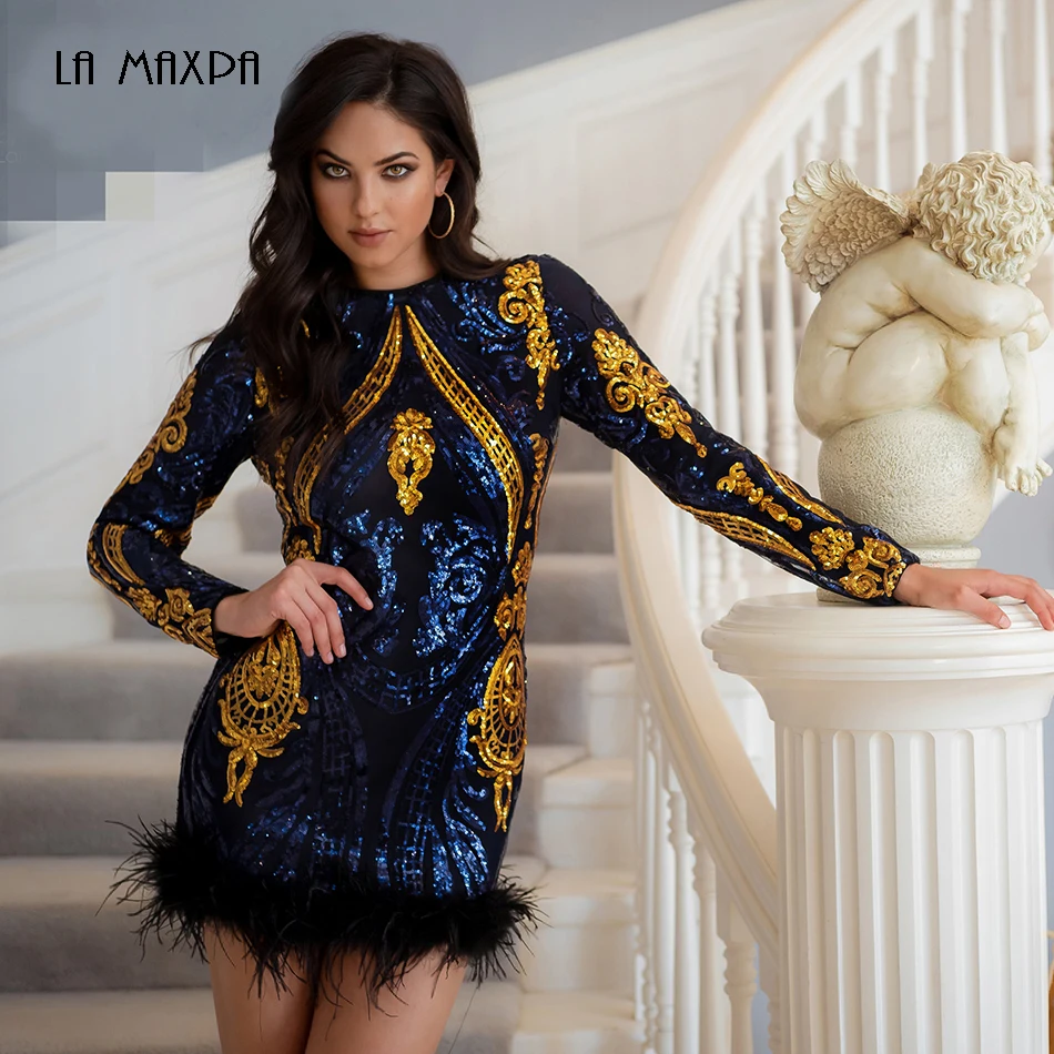 

2019 autumn and winter new long-sleeved dress blue gold sequin feather cocktail party celebrity party dress round neck mini