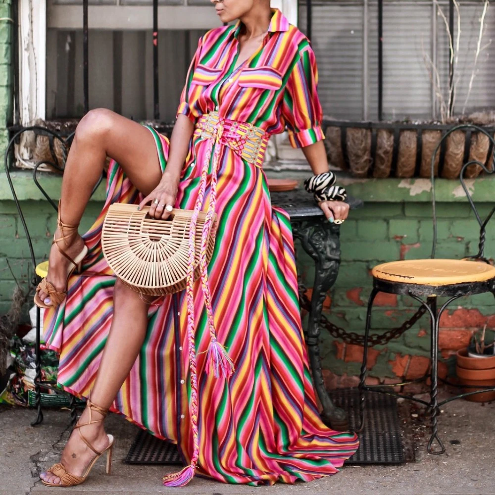 button down collar stripes half sleeve maxi dresses