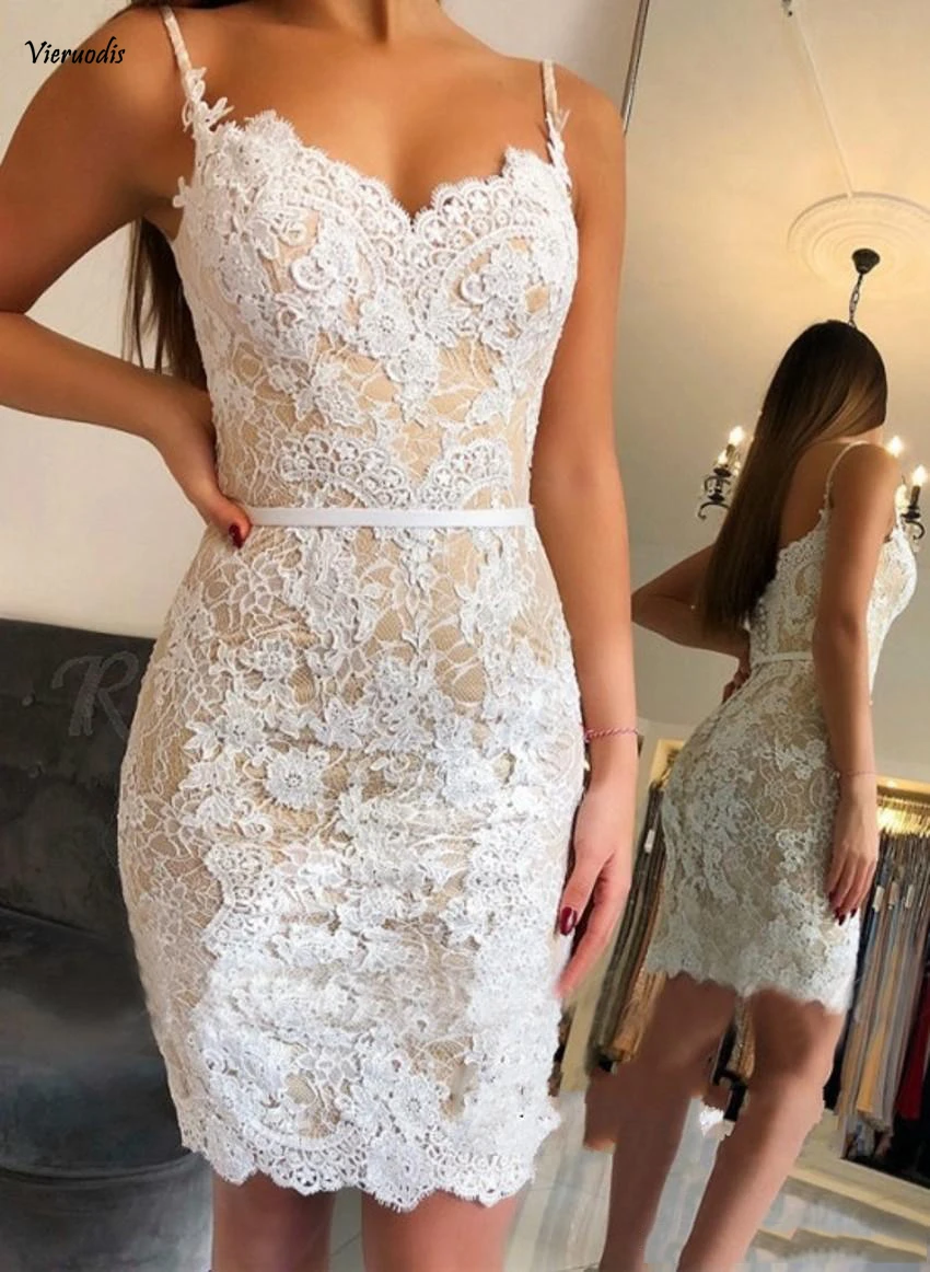 

2019 Short Prom Dresses Spaghetti Straps Low Back Lace Formal Evening Gowns