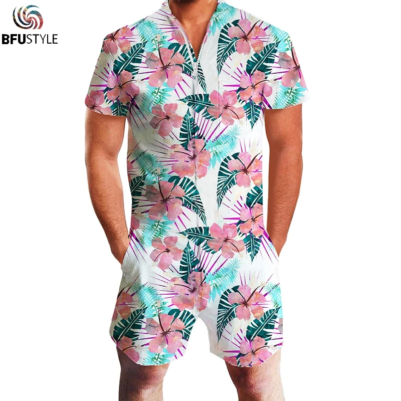 Floral Printed Summer Mens 3D Hip Hip Rompers Playsuit Short Sleeve ...