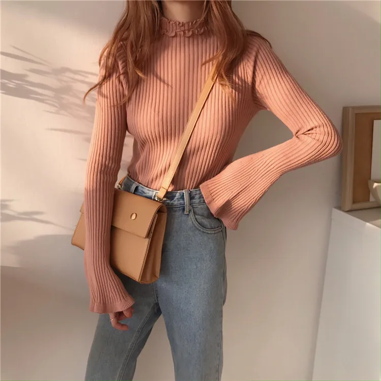 2018 Winter Casual Solid Basic Women Pullover Sweater Lady Thin Knitted Ruffled Collar Long Flare Sleeve Sweater 2018 Winter Casual Solid Basic Women Pullover Sweater Lady Thin Knitted Ruffled Collar Long Flare Sleeve Sweater