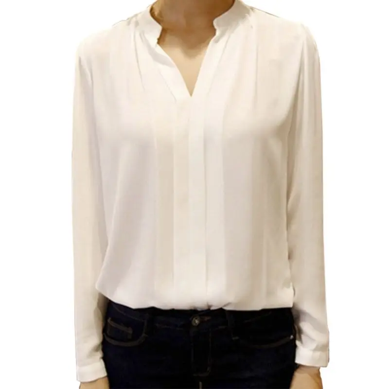 Женская белая шифоновая блузка элегантные сексуальные блузки с v-образным вырезом с длинным рукавом рубашка Женская Офисная рубашка - Цвет: Белый