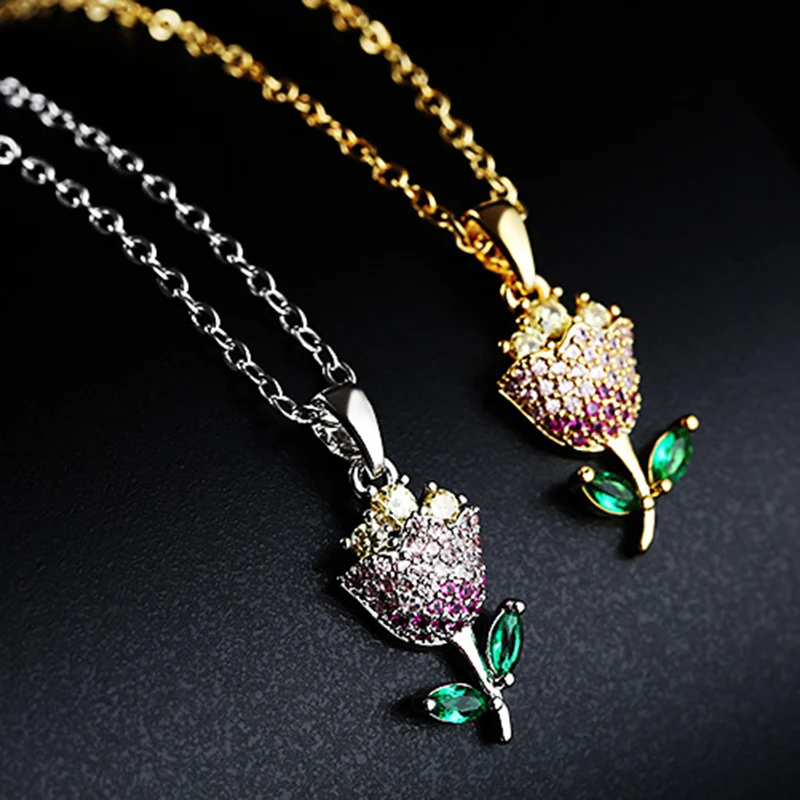 

WIN-B Rose Flower Shape Colorful Necklaces Pendants Jewelry Women Chain Chokers Luxurious Crystal Big CZ Stone Accessories