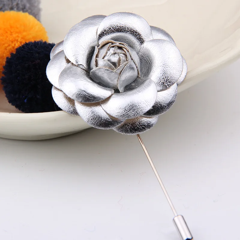 

Gold Rose Leather Camellia Flower Lapel Pin for Men Suit Accessories Women Long Needle Pins Brooches for Wedding Party Gifts