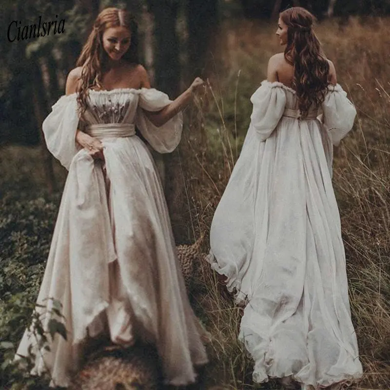 

Off The Shoulder Appliques Boho Beach Wedding Dresses 2019 With Puff Sleeve Country Wedding Dress Vestidos De Novia