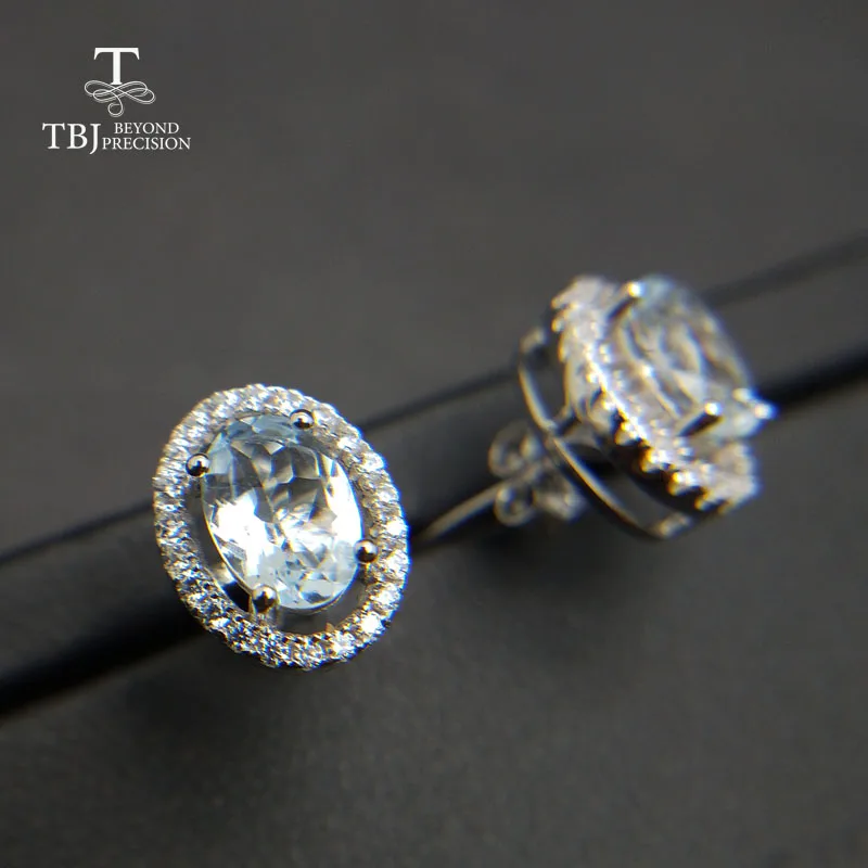 

TBJ,Cute small simple earring with natural aquamarine gemstone in 925 sterling silver fine jewelry for women girlfriend as gift