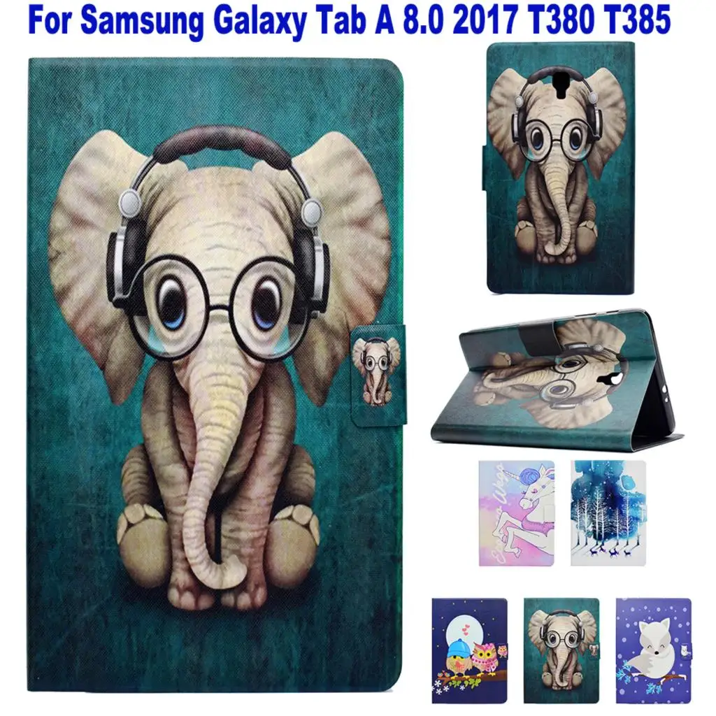 

Fashion Painted Case For Samsung Galaxy Tab A 8.0 T380 T385 2017 Case Funda Stand Auto Wake Up/Sleep Function Elephant Owl Fox