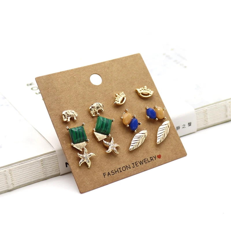 

3 Styles 6paris/pack Stone Stud Earrings Multi Charms Geometry Leaf Starfish Triangle Brincos Pendientes Party Jewelry Stud Set