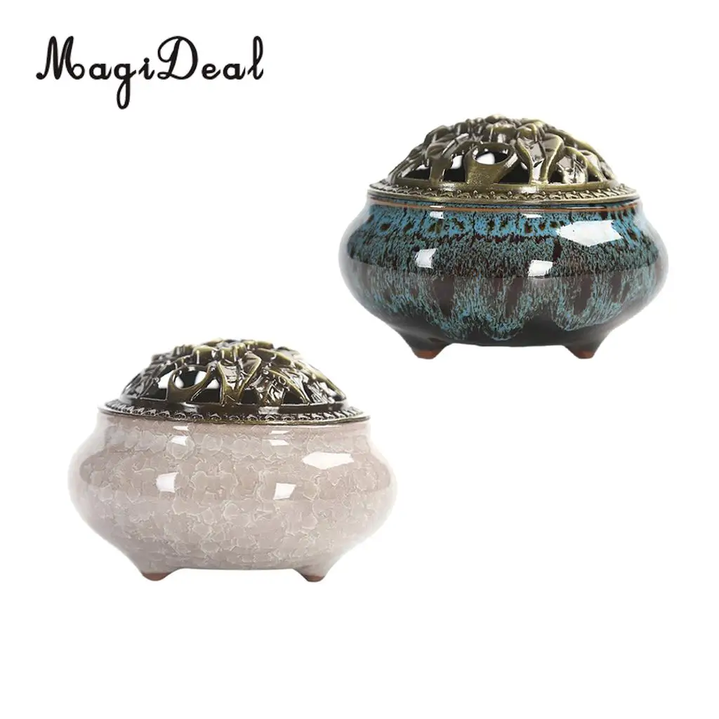 2x Ceramic Incense Burner Porcelain Incense Cones Joss Stick Holder Chinese Retro Handmade Censer with Flower Statue Alloy Cover