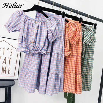

Heliar Pllaid Slash Neck Blouse and Loose Long Trousers Harajuku Kawaii Sets Street Fashion Two Pcs Outfits Summer Women Suits