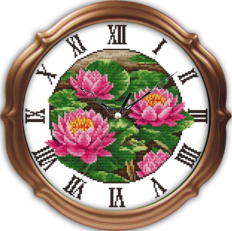 Joy sunday clocks style Pink red lotus cross stitch needlepoint patterns free printable for sitting room ornament