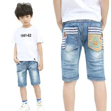 Популярная летняя детская одежда джинсовые шорты для мальчиков хлопковая голубая джинсовая ткань, короткие штаны, брюки Повседневная пляжная одежда для больших детей пляжные шорты