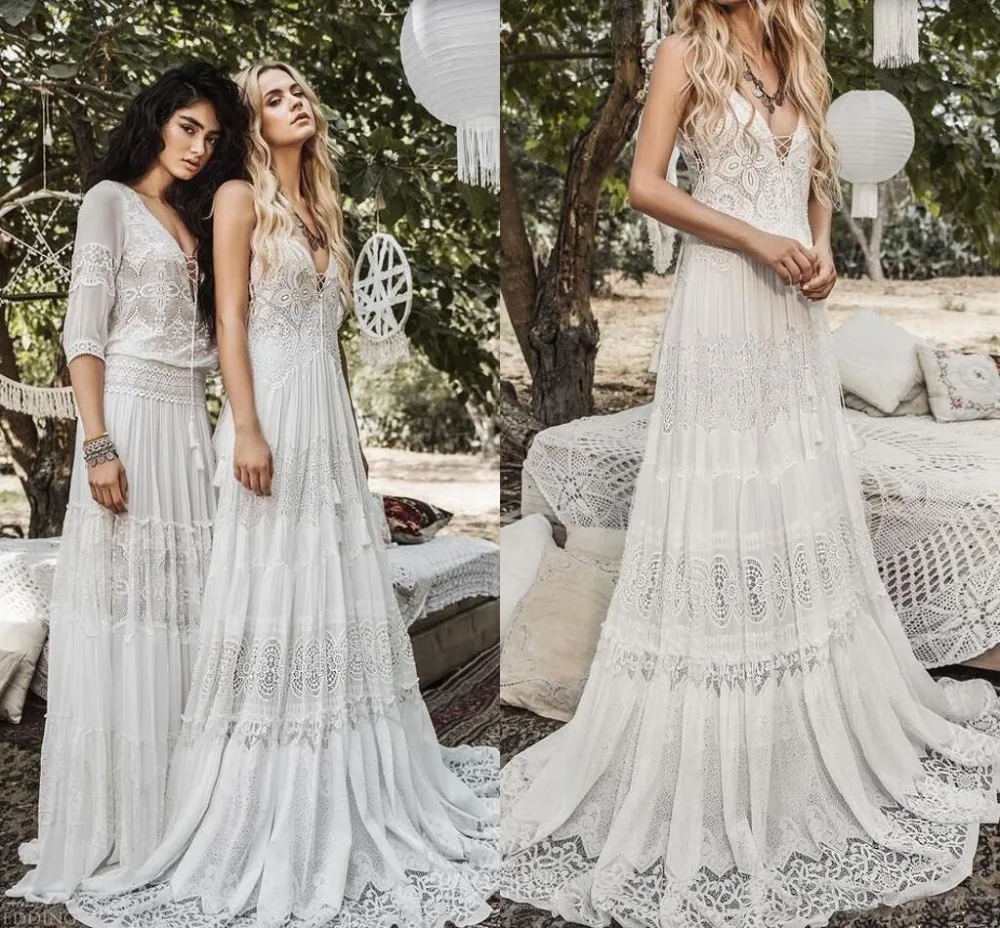 

2019 Elegant Chiffon Lace Beach Boho Wedding Dresses Modest Vintage Crochet Lace V-neck Holiday Country Bridal Gowns