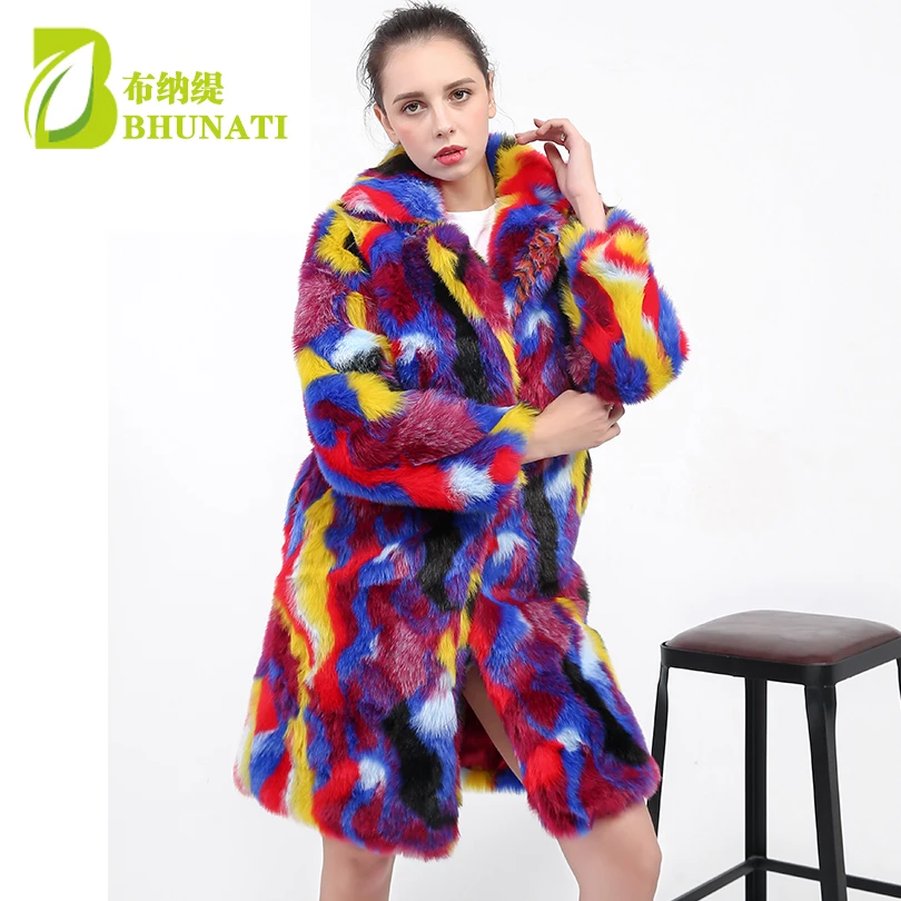 BHUNATI NEW Faux Fur Coats Colorful Jackets Women Winter Rabbit Fur Long Overcoat Soft Warm Rainbow Color Outerwear Female