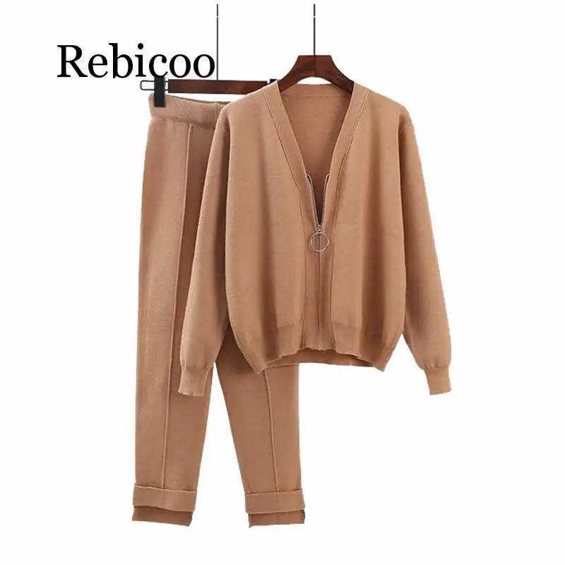 

Rebicoo 2019 autumn new 2 piece set ladies sports suit knit cardigan + trousers sportswear women's sportswear
